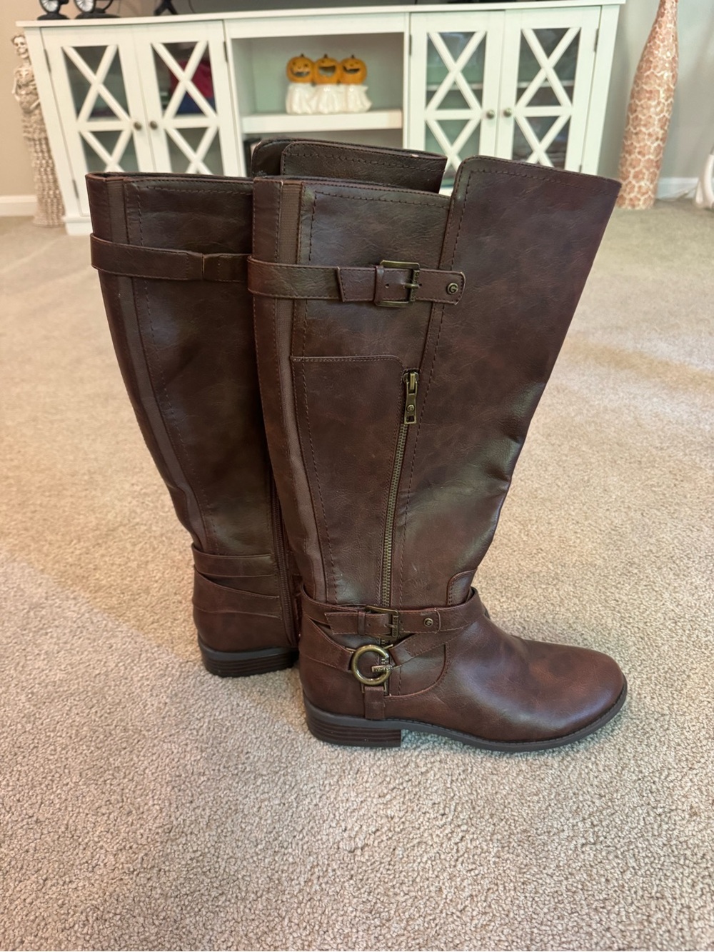 G by Guess Brown Faux Leather Riding Boot Womens 10M Knee High Side Zip